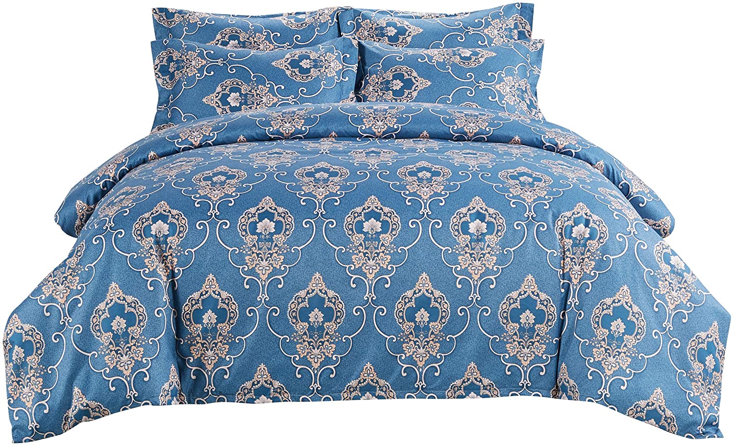 DelbouTree Blue Duvet Cover Set, Damask Print Comforter Cover,Queen