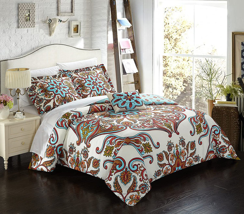 Chic Home 4 Piece Feinch Large Scale Bohemian Paisley Reversible Printed with Embroidered Details. Queen Duvet Cover Set Blue