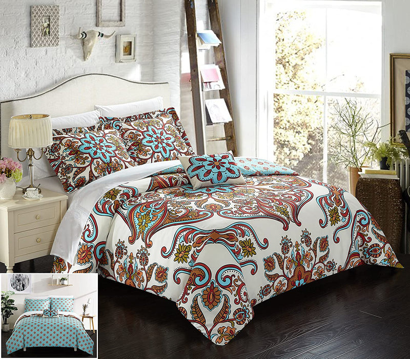Chic Home 4 Piece Feinch Large Scale Bohemian Paisley Reversible Printed with Embroidered Details. Queen Duvet Cover Set Blue